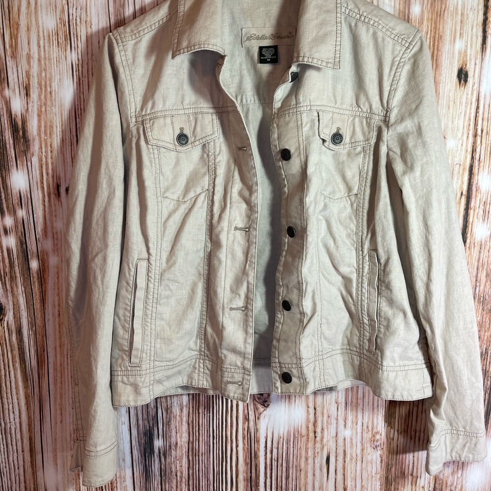Eddie Bauer Cotton Linen Cream Button Up  4 Pockets Collar Jacket Woman’s Med